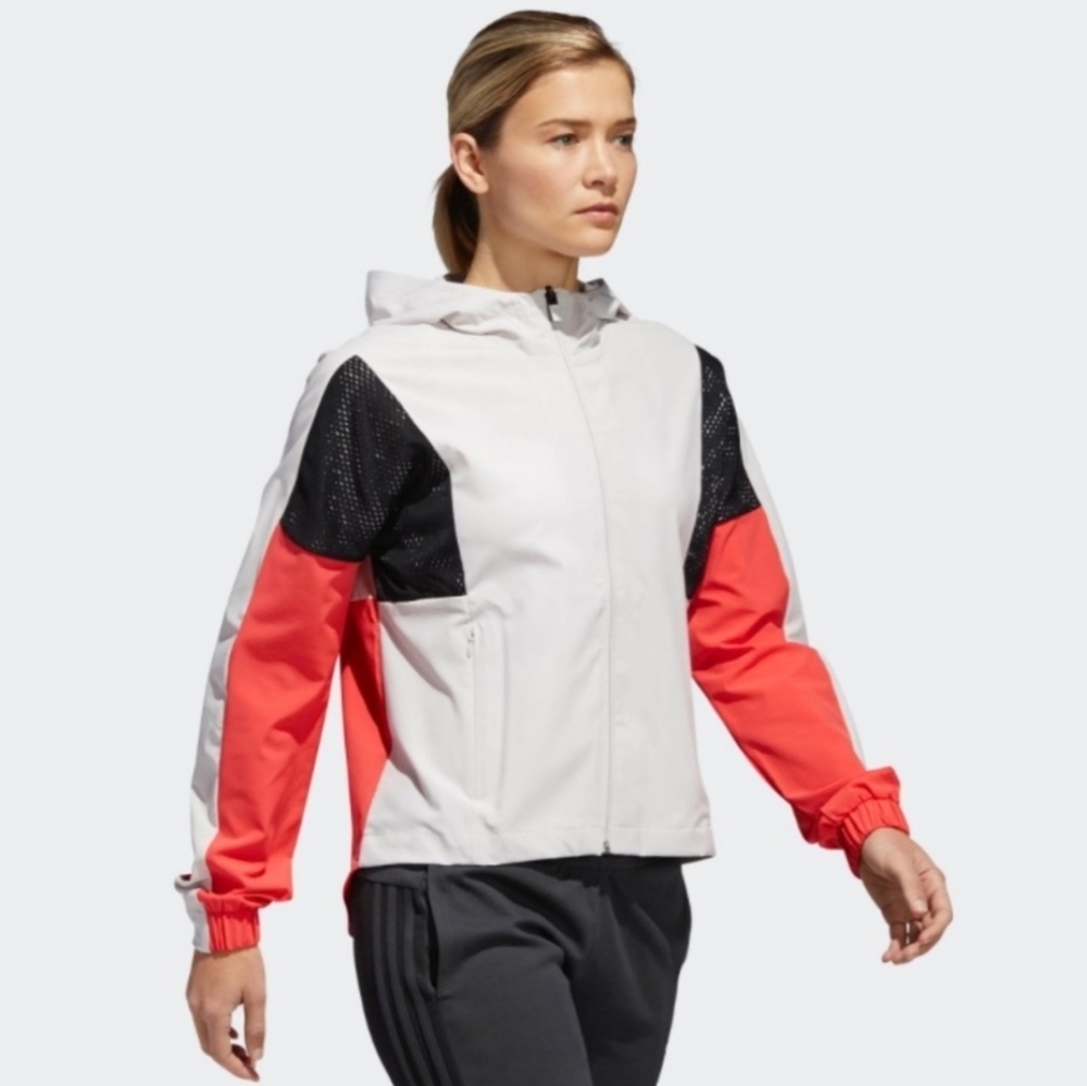 White & Coral Women's Hooded Windbreaker Jacket
